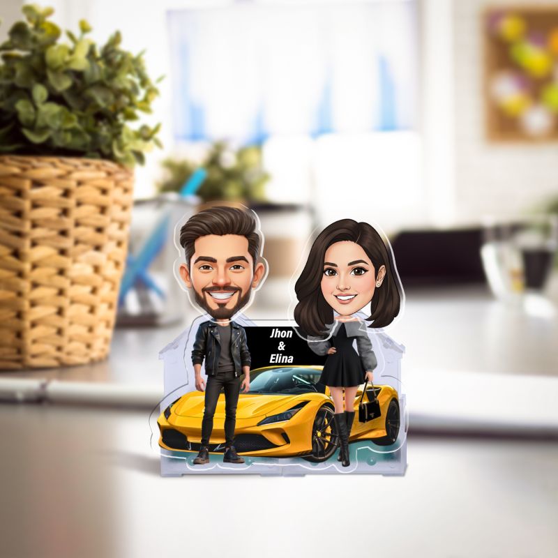 Personalized Couple Bobblehead Caricature Gift for Husband, Wife, Girlfriend, Boyfriend & Friends Solar Powered Moving Head Couple Gift for Birthday (Racing Car Couple)